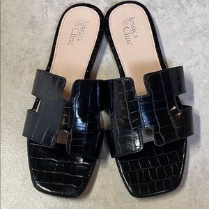 Jessica Cline Women Slide Sandal Black Croc Embossed Square Toe Size 10